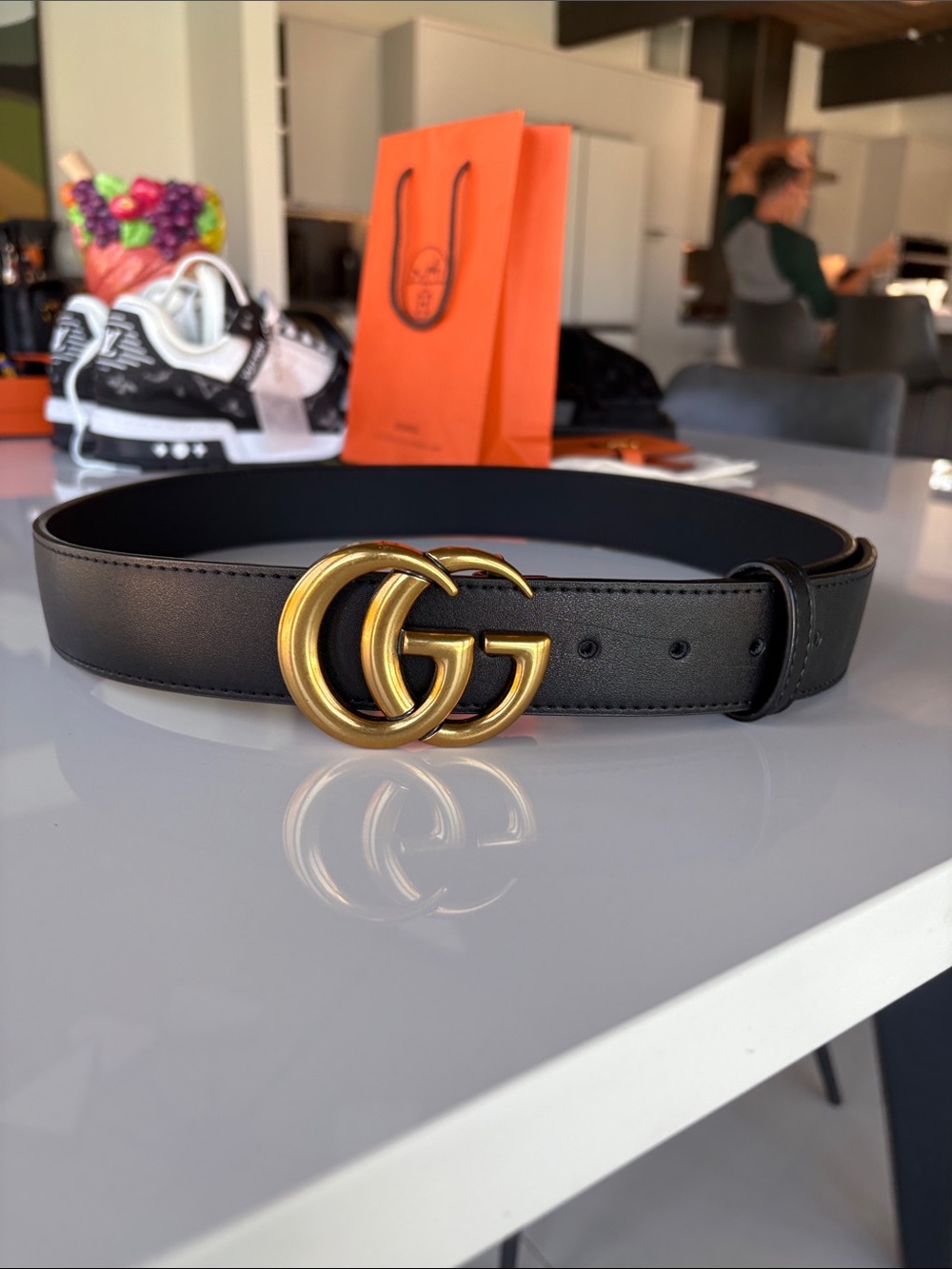 Gucci Black Leather Belt with Gold Double G Buckle